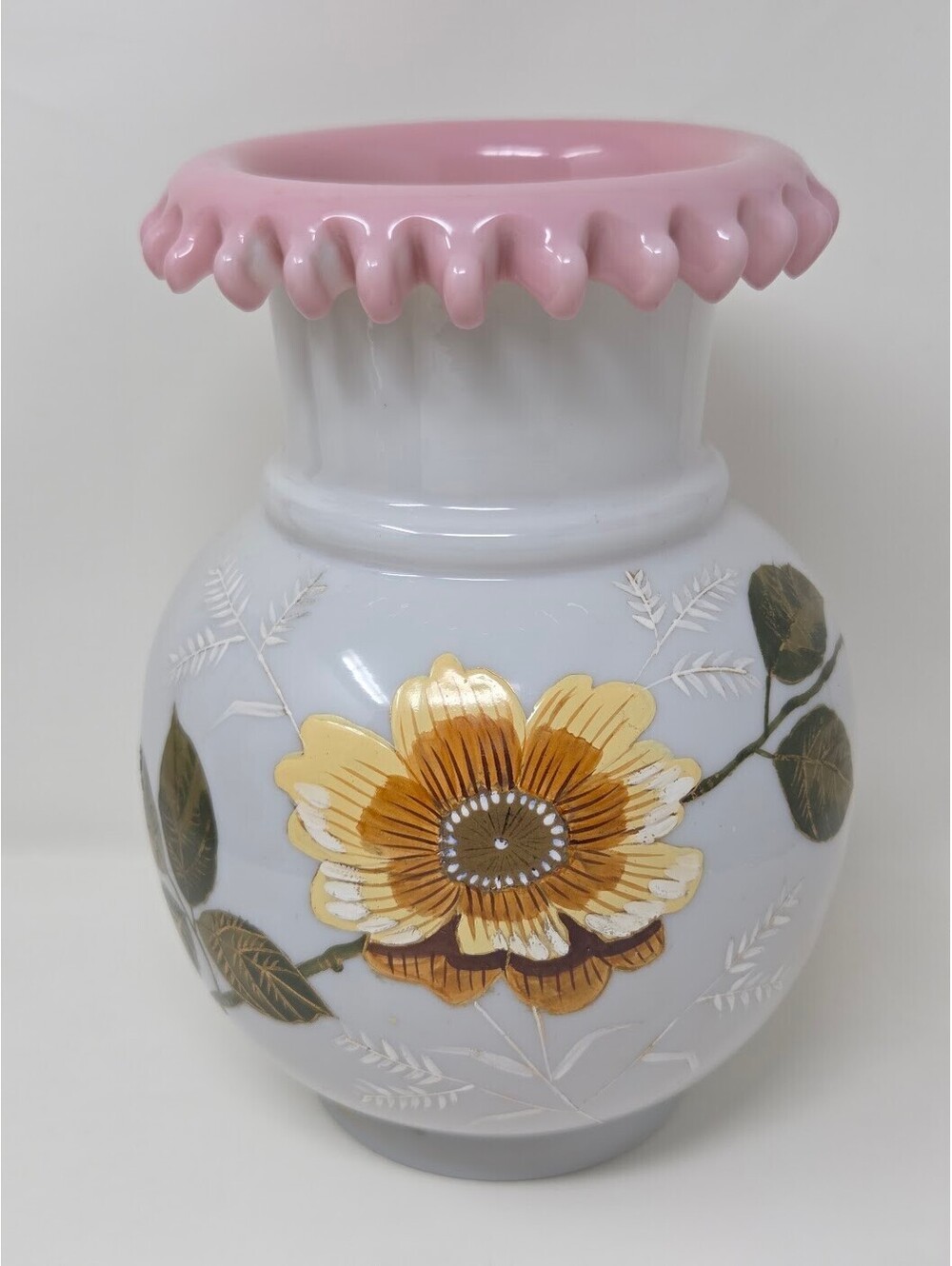 Pink Ruffled Rim Milk Glass Vase Hand Painted Floral Design 10 Inch Decor